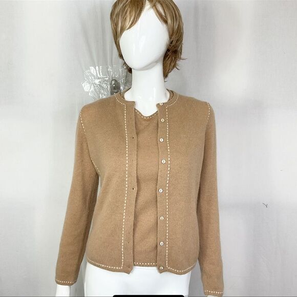 Loro Piana Set of 2 Womens Cashmere Knitted Cardigan Sweater & Top Camel Size S - Picture 3 of 13